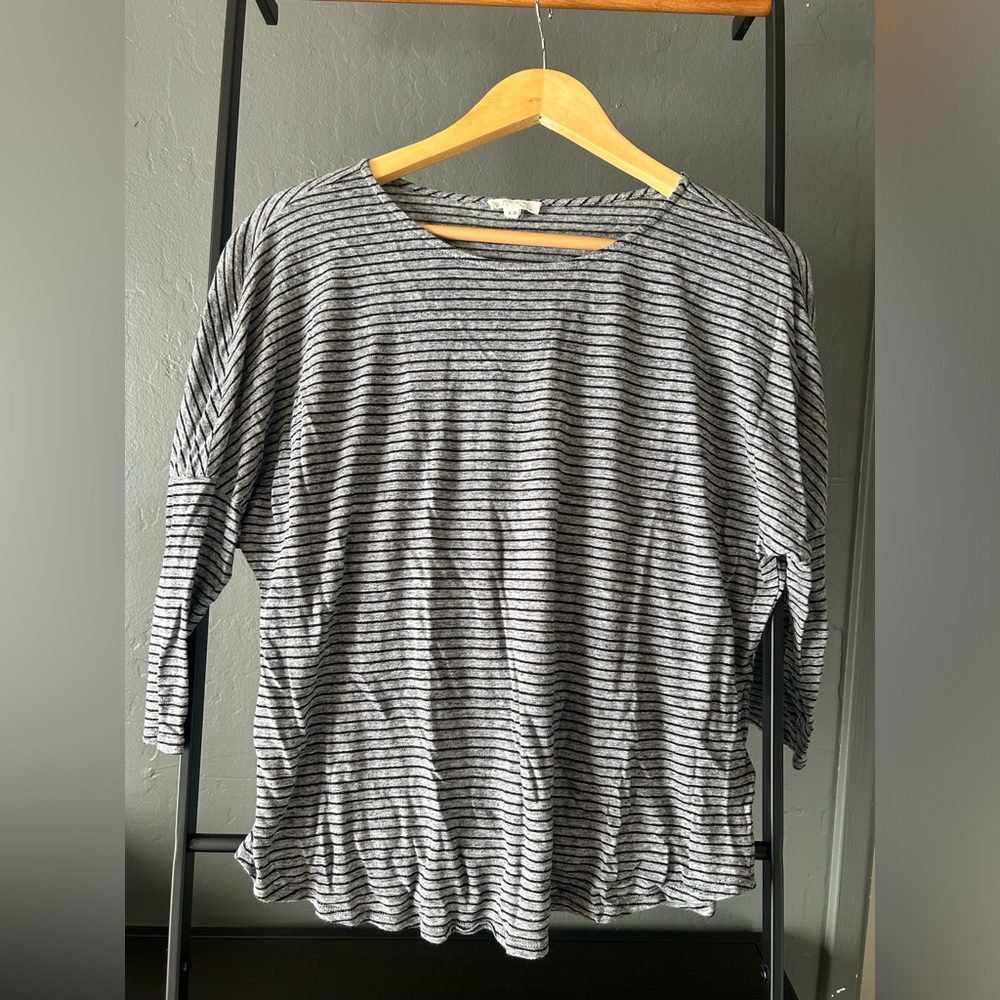 Joie linen blend grey and black striped quarter sleeve shirt